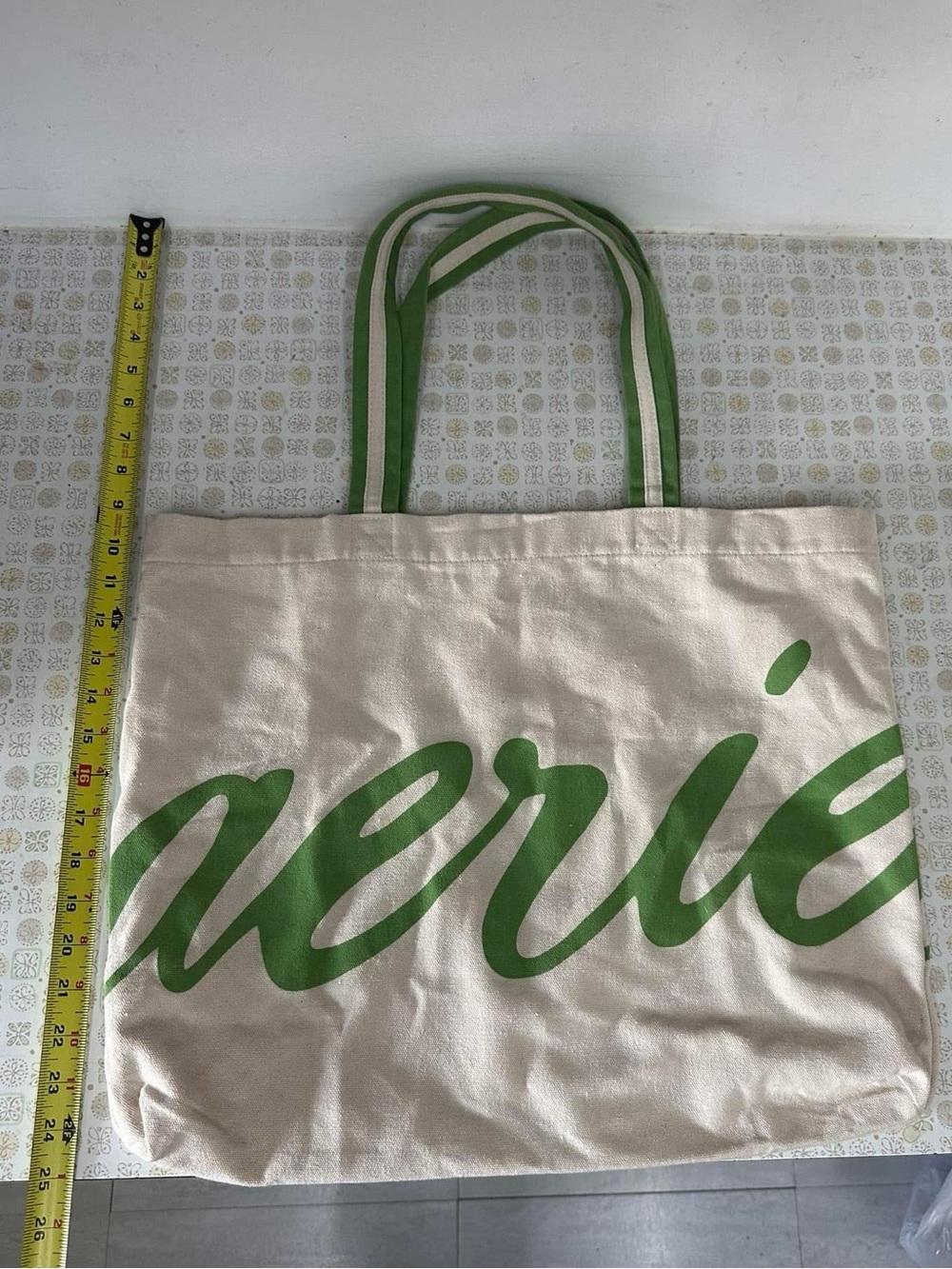 aerie Cream Canvas Tote with Green Script Logo